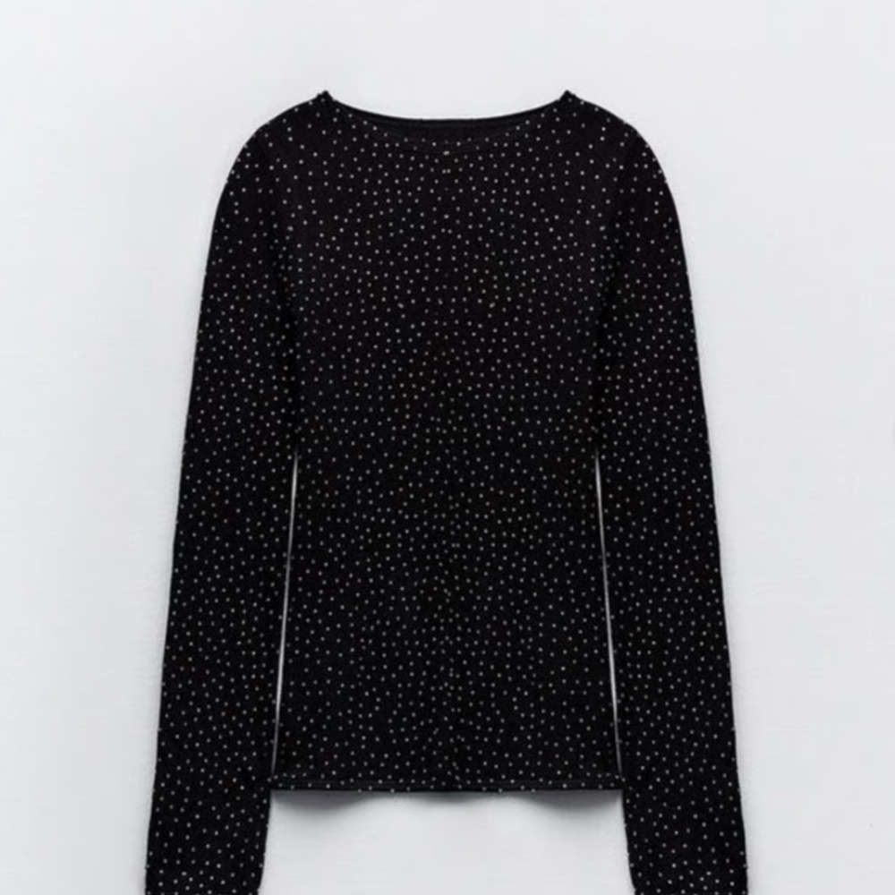 Zara Black Seamless Mesh Rhinestone Top XS - Picture 3 of 7
